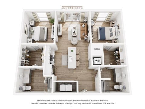 Floor plan for 2 beds, 2 baths, 1055 sqft